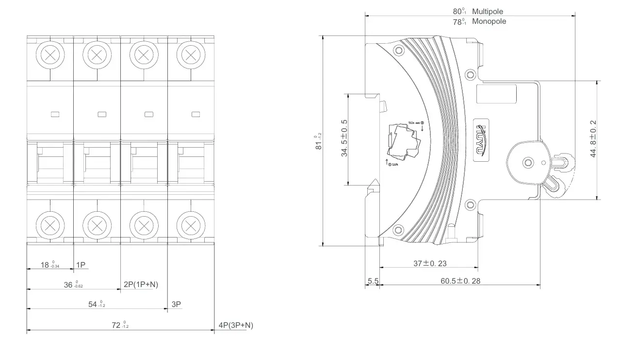 EXB3-63 AC MCB Dimensions 1P to 4P