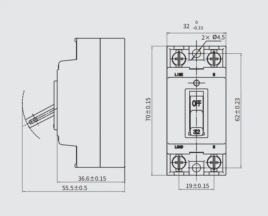 NT50 Mini Circuit Breaker 2P1E Dimensions