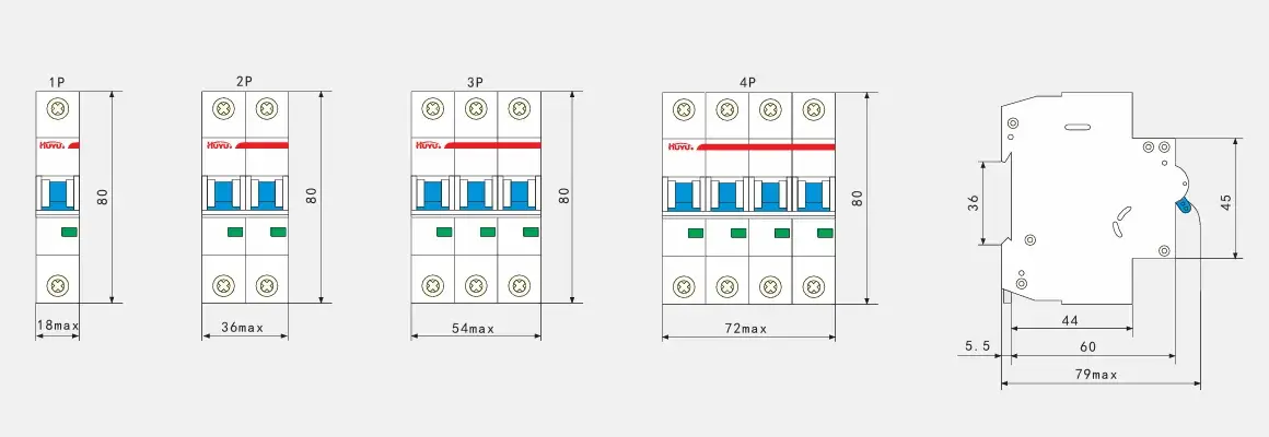 HUM18-63 Miniature Circuit Breaker Overall and Mounting Dimensions - 1P 2P 3P 4P